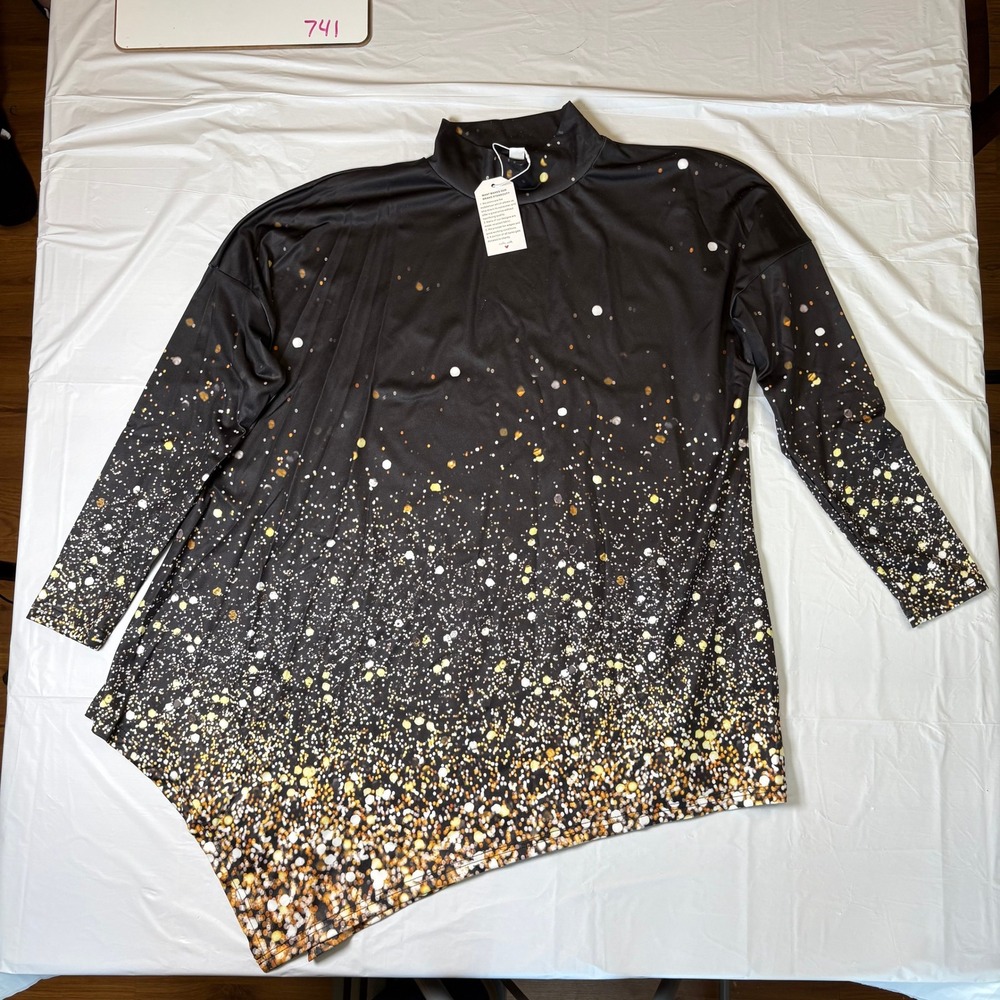 Black Gold Glitter Bokeh Asymmetrical Tunic Mock Neck Long Sleeve Top Medium